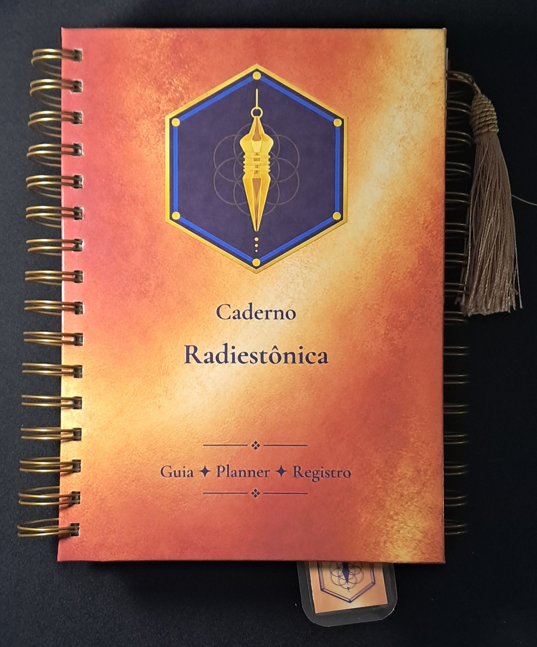 Caderno Radiestônica A5 com capa dourada, wire-o duplo e fita marca-páginas
